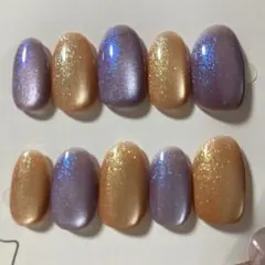 ネイルチップ マグネットネイル パープル ゴールド系 Lサイズ ショート