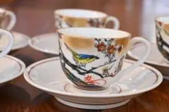 鳥と梅と笹の葉　九谷焼　色絵金彩湯呑み　工芸品　和食器　昭和レトロ　高級　茶器