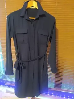 ネイビー シャツワンピース 長袖 ベルト付き