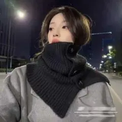 【極暖】ボタン付き ニット ネックウォーマー スヌード 付け襟 黒