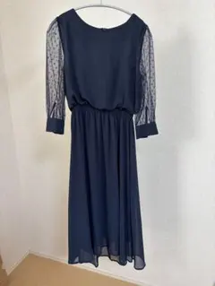 ネイビー ドット柄 シースルー袖 ドレス