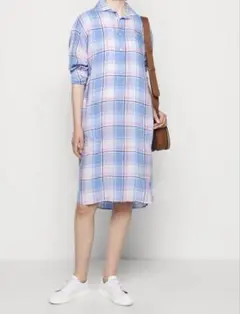 現行ポロラルフローレンリネン100シャツワンピースチェックブルー水色サイズ6L麻