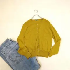 アースミュージック◇コットン長袖カーディガン『M』マスタード　羽織　定番シンプル