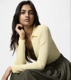 【美品】UNIQLO ユニクロ　リブポロカーディガン イエロー　Lサイズ