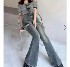 新品】RESEXXYリゼクシーカットアウトリボンデニムパンツXSインディゴ