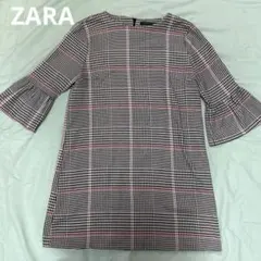 ZARA ザラ　チェック柄 フレア袖 ミニワンピース L