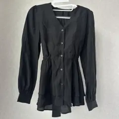 DRESS+ ブラック Mサイズ ブラウス 長袖 シアー Vネック ペプラム