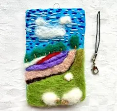 ハンドメイド　特大　ブローチ　ストラップキーホルダー　風景　羊毛フェルト　手刺繍