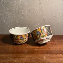 九谷焼 正峰 青粒花鳥 湯呑 茶器 食器 鶯 骨董品 二客