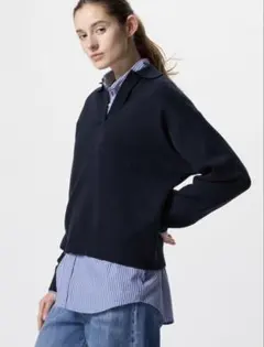 ユニクロ　スムースコットンリラックスポロセーター　69NAVY Lサイズ