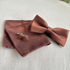 ブラウン 茶色 ドット蝶ネクタイとカフスボタンセット 紳士　前撮り新郎