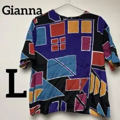 シャツブラウス 【L】カラフル幾何学模様 半袖シャツ おしゃれ服 古着