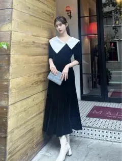 Leja アシンメトリービッグカラーベロアマーメイドシルエットドレスワンピース