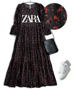 ザラZARA フラワー＆ドット 黒ベース ティアードAラインフレアワンピース