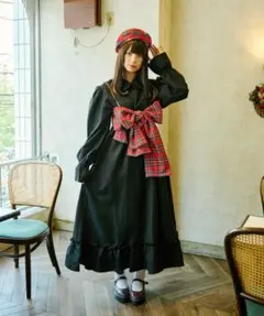 【クティールとレトロ】チェックリボンビスチェセットフリル襟ワンピース