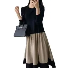 ドッキングワンピース　ニット　おしゃれ黒・ベージュ 切り替えデザイン ワンピース