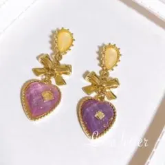 No.646 パープルラメリボンハートピアス 韓国 量産型 地雷 ゆめかわ