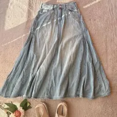 ロングデニムスカート(S)フレア/綿100%/コットン/ミディ丈/ミモレ