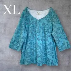 限定一点✨  【XL】 ブルー 花柄 五分袖 チュニック ボタニカル