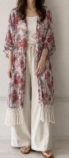 VENCE EXCHANGE 花柄ロングシフォンカーディガンフリンジ付のサムネイル