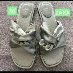 ZARA 36 ピスタチオグリーン　サテンリボンフラットサンダルのサムネイル