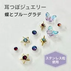 耳つぼジュエリー 蝶とブルーグラデ ステンレス粒使用 10粒