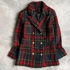 チェック柄ジャケットコート ダブルボタン 羽織り 裏地あり 赤