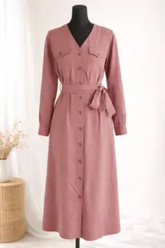 AVAN LILY シャツワンピース くすみピンク ウエストリボン ロング丈