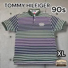 【TOMMY HILFIGER】90sボーダーポロシャツ 刺繍ロゴ グリーン M