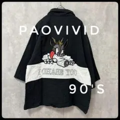 90s　B系　ストリート　狼刺繍　ジップシャツ　ワッフル