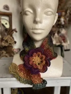 ［ハンドメイド］お花モチーフミニマフラー　プチマフラー　手編み