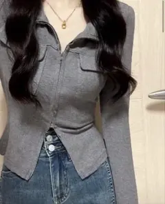 グレー ジップアップ 長袖トップス SHEIN