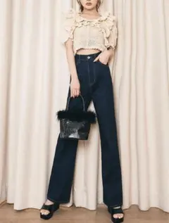 GRL ハイウエストセミフレアデニムパンツ［cu289］新品　ネイビーのサムネイル