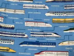 電車柄 ガーゼ生地 ブルー系　生地幅×100㎝