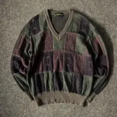 80s vintage メンズ　3Dニット　セーター　総柄　立体　古着　L