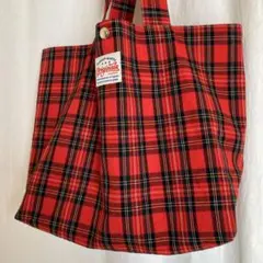 ハンドメイド　大きめトートバック　持ち手長め　タータンチェック　内ポケット付