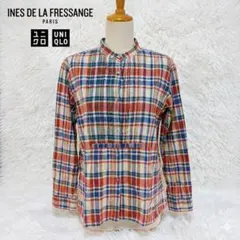 ユニクロ イネス コラボ　麻混 ピンタック バンドカラー チェックシャツ S