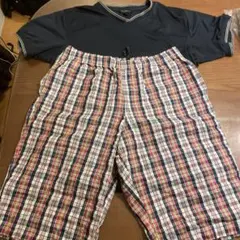 ネイビー 半袖Tシャツ チェック柄ショートパンツセット L