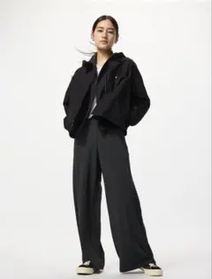 クレープジャージーストレートパンツ 丈短め BLACK