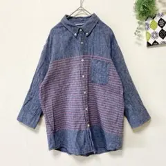 【イッカ】 コットン リネンシャツ 7分袖 XL ボーダー カジュアル