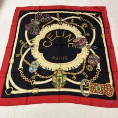 極美品　大判　スカーフ　宝飾　チェーン　総柄　シルク　デカロゴ　手縫い　セリーヌ