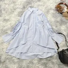 dazzlin ダズリン (F) ストライプ シャツワンピース リボン袖 フレア