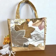 No.23 帯リメイクバック　金色の葉柄トートバッグ