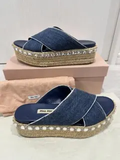 miu miu デニム クロスストラップサンダル　ビジュー
