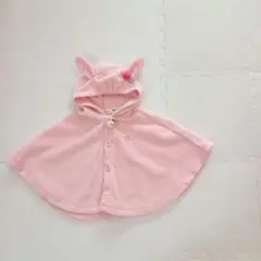 ピンク フリース ウサギみみフード ポンチョ　ケープ