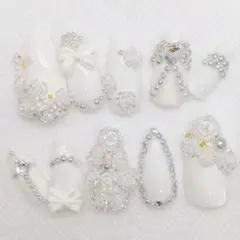 ハンドメイド★ネイルチップ★ロングアーモンド★イメージネイル★ホワイト★花嫁