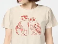 【SALE】フクロウと猫のTシャツ （キナリ） マーブルシュット好きの方に！