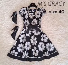 花柄✨エムズグレイシー　ワンピース　Ｌ　花柄　リボン　Aライン　半袖　40