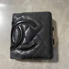 シャネル　カンボンライン　ラムスキン　がま口　折り財布　ブラック　ピンク