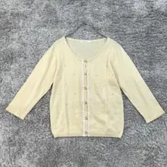 ✨アクシーズファム【M】ベージュ系 七分袖カーディガン パール レース飾り